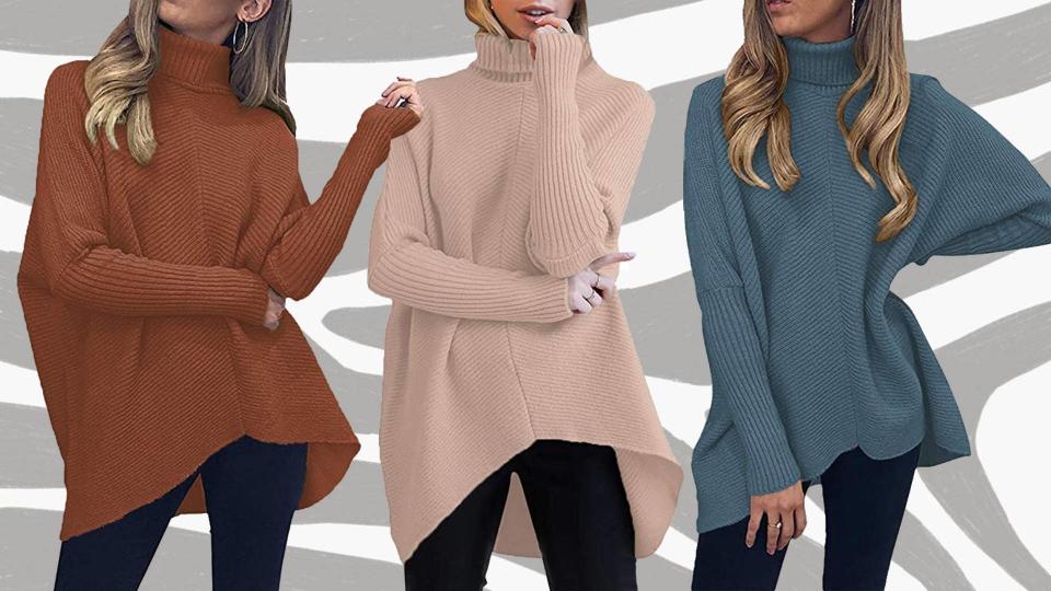 Photos of three different colors (brown, tan, dusty blue) of the sweater.