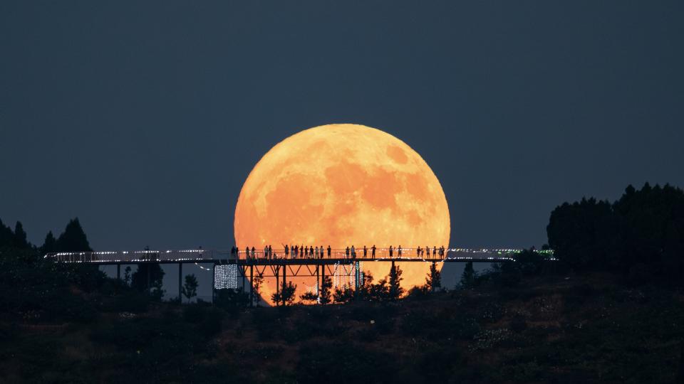  A large moon shines in the distance, in front is a long bridge-type observation deck with people standing on it. Their silhouettes' appears as a stark contrast on the lunar surface. 