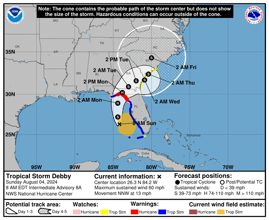 Tropical Storm Debby to make landfall on Florida's Big Bend on Monday afternoon.