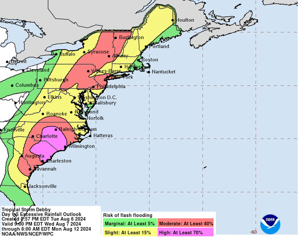 A map shows areas with heavy rainfall most likely over the Carolinas and in the Mid-Atlantic, over parts of Pennsylvania, New Jersey and New York.