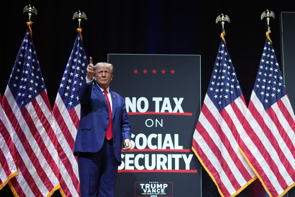 Republican presidential nominee former President Donald Trump speaks at a campaign rally in Asheville, N.C., Wednesday, Aug. 14, 2024. (AP Photo/Matt Rourke)