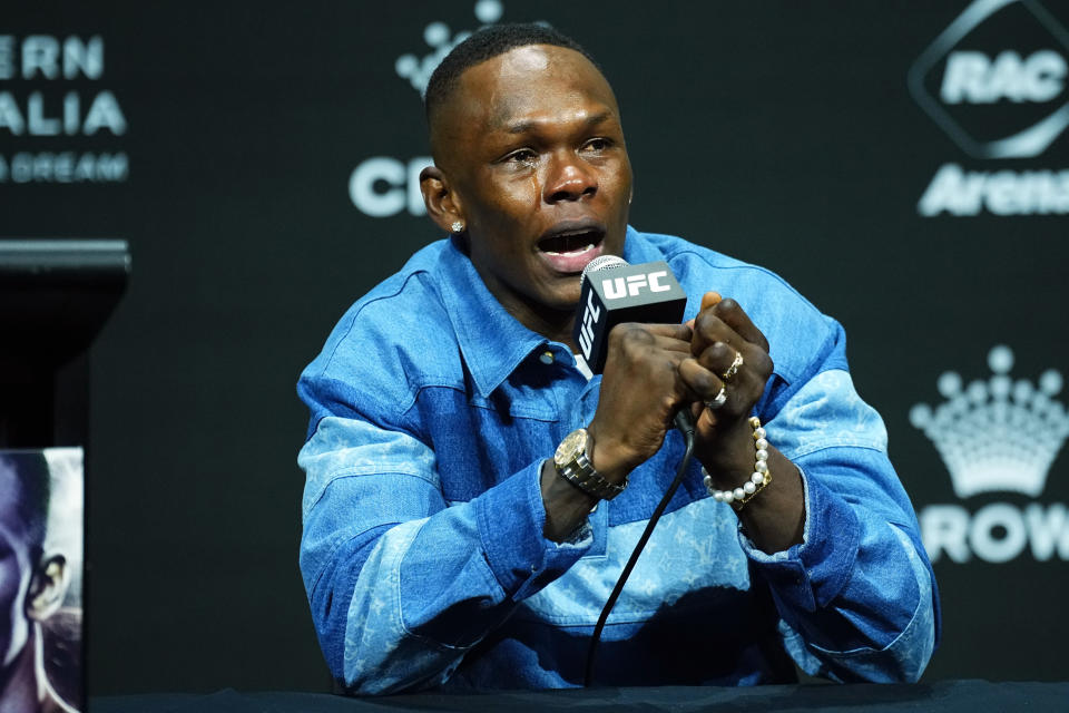 PERTH, AUSTRALIA - AUGUST 16: Israel Adesanya of Nigeria is seen on stage during the UFC 305 press conference at RAC Arena on August 16, 2024 in Perth, Australia. (Photo by Jeff Bottari/Zuffa LLC)