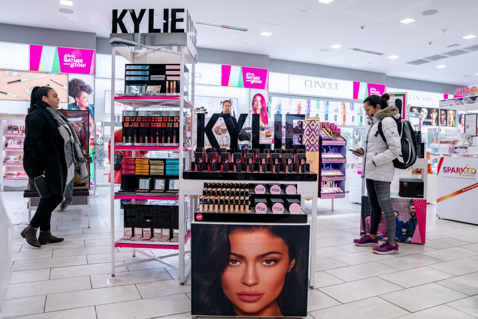 NEW YORK, NY - NOVEMBER 18:  Kylie Cosmetics are displayed at Ultra beauty on November 18, 2019 in New York City. Kylie Cosmetics has sold a controlling stake to Coty Inc for a reported $600 Million. Coty Inc plans to buy 51% and the controlling share of Kylie Cosmetics, valuing it at $1.2 billion. Kylie Jenner will remain the public face of the brand. (Photo by David Dee Delgado/Getty Images)