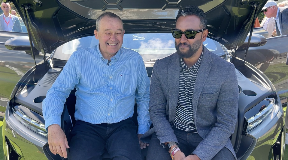 PEBBLE BEACH, Calif. -- Lucid CEO Peter Rawlinson talking to Yahoo Finance's Pras Subramanian in the 'frunk' of the Lucid Gravity.