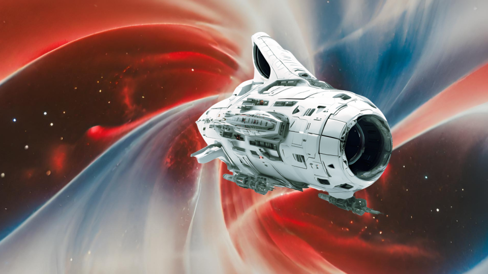  A red and blue "warp" behind a white tubular spacecraft. 