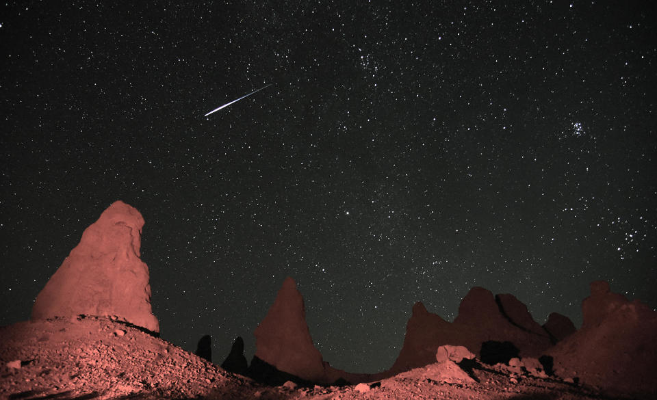 View of meteorite streaking  over Trona Pinnacles near Death Valley, CA during annual Perseid Meteor Showers, Aug. 2, 2019. / Credit: Bob Riha Jr / Getty Images