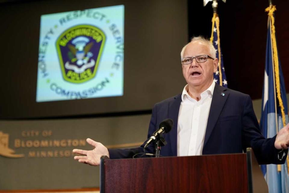 Minnesota Gov. Tim Walz speaking in Bloomington, Minnesota on straw purchase legislation, Aug. 1, 2024.