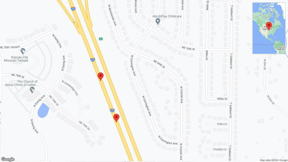 A detailed map that shows the affected road due to 'Warning: Crash on southbound I-435 in Kansas City' on September 1st at 12:14 p.m.