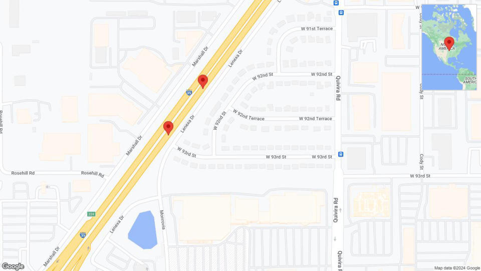 A detailed map that shows the affected road due to 'Broken down vehicle on eastbound I-35 in Lenexa' on September 1st at 3:21 p.m.