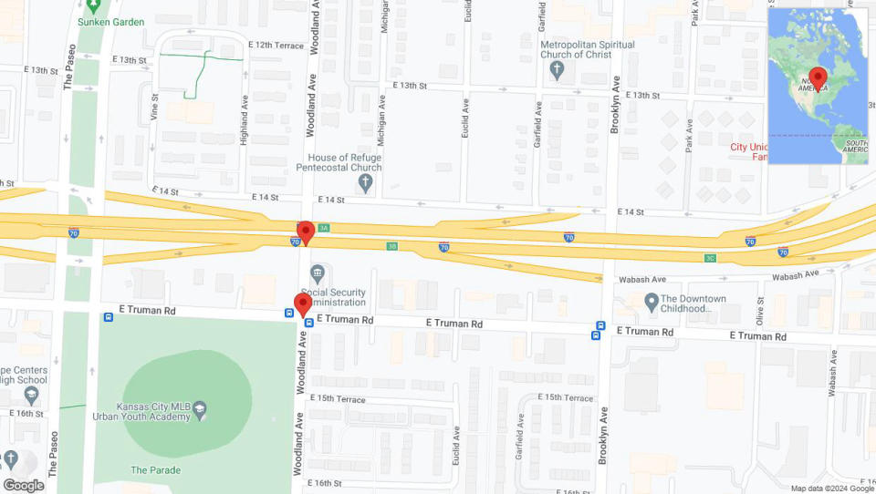 A detailed map that shows the affected road due to 'Kansas City: East Truman Road closed' on September 1st at 8 p.m.