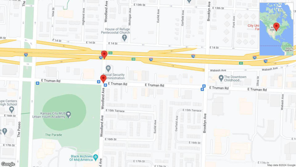 A detailed map that shows the affected road due to 'East Truman Road temporarily closed in Kansas City' on September 1st at 3:09 p.m.