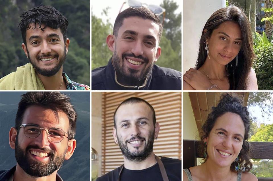 From top left, Hersh Goldberg-Polin, Ori Danino, Eden Yerushalmi. From bottom left, Almog Sarusi, Alexander Lobanov, and Carmel Gat.  (The Hostages Families Forum via AP)