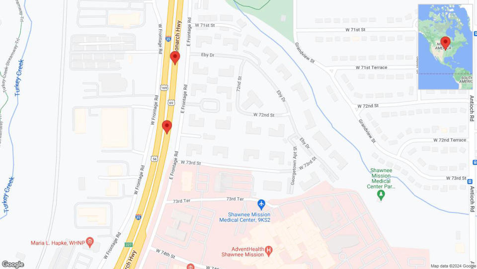 A detailed map that shows the affected road due to 'Broken down vehicle on eastbound I-35 in Merriam' on September 2nd at 5:11 p.m.