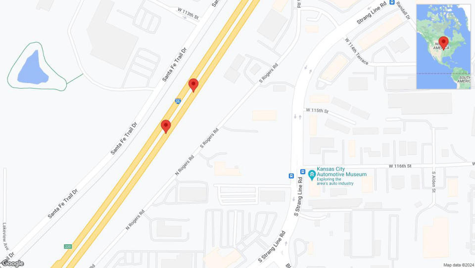 A detailed map that shows the affected road due to 'Broken down vehicle on eastbound I-35 in Lenexa' on September 2nd at 3:12 p.m.