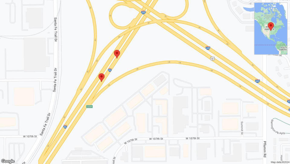 A detailed map that shows the affected road due to 'Broken down vehicle on eastbound I-35 in Lenexa' on September 2nd at 5:47 p.m.