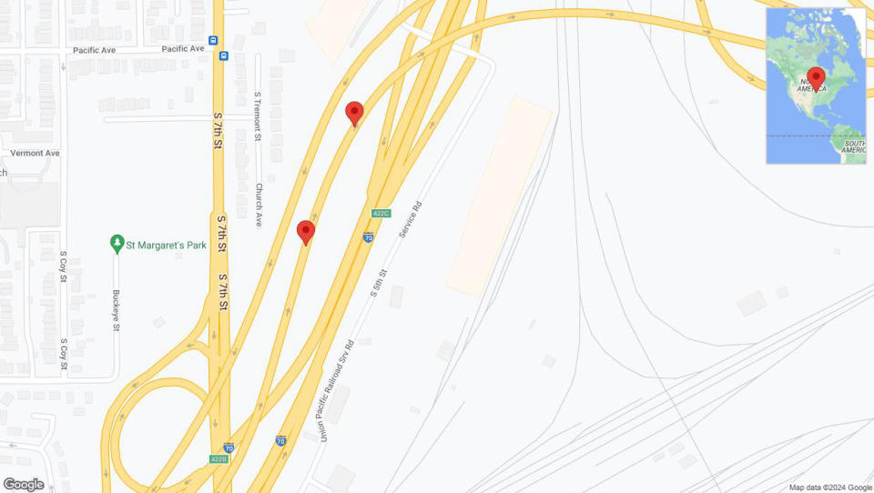 A detailed map that shows the affected road due to 'Broken down vehicle on eastbound I-670 in Kansas City' on September 2nd at 7:05 p.m.