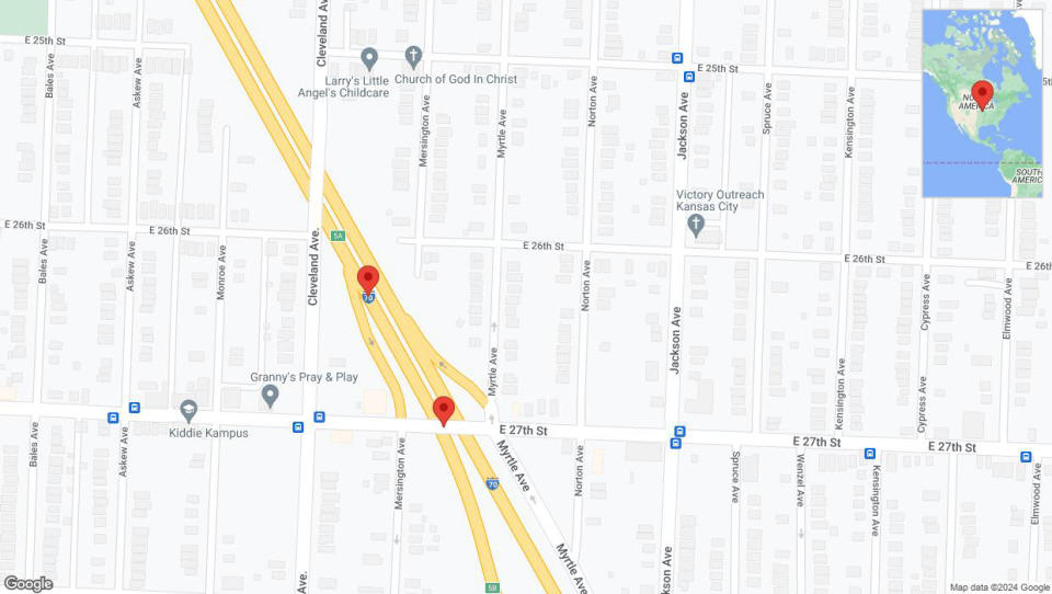 A detailed map that shows the affected road due to 'Broken down vehicle on eastbound I-70 in Kansas City' on September 2nd at 5:53 p.m.