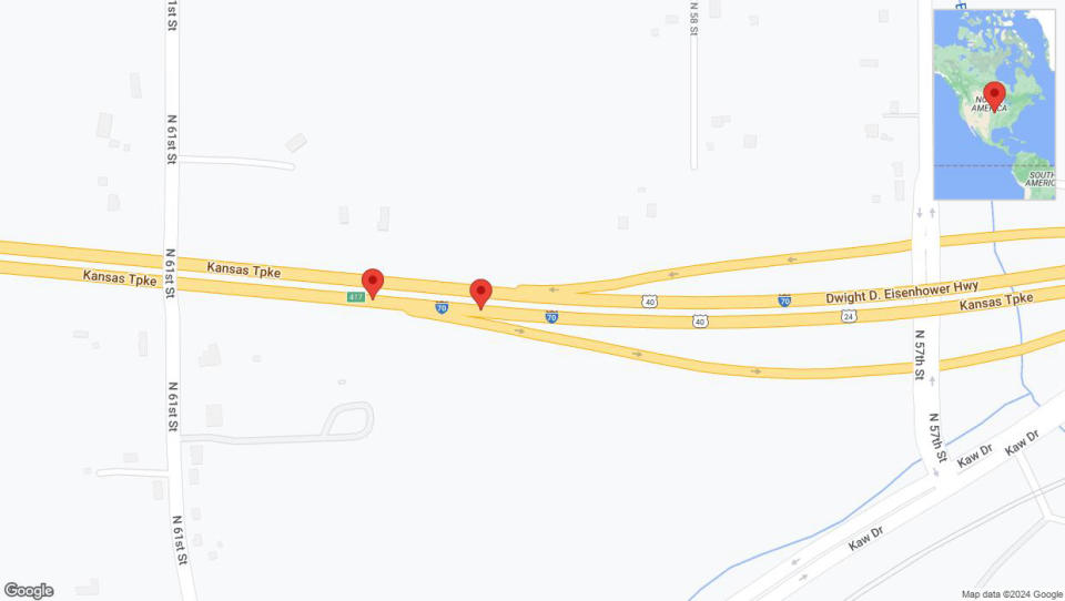 A detailed map that shows the affected road due to 'Broken down vehicle on eastbound I-70 in Kansas City' on September 2nd at 12:54 p.m.