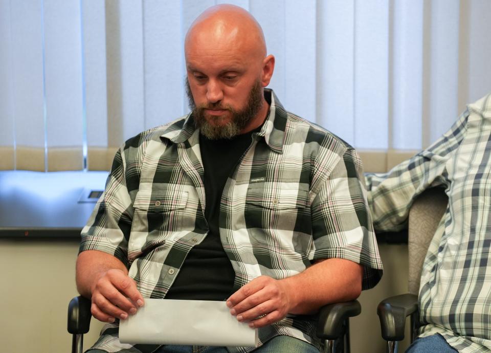 Jimmy Van Huss Jr., Carmen Van Huss’s younger brother, prepares to speak during a press conference announcing the arrest of Dana Shepherd as a suspect in the 1993 murder of Carmen Van Huss on Tuesday, Sept. 3, 2024, at the City-County Building in Indianapolis.