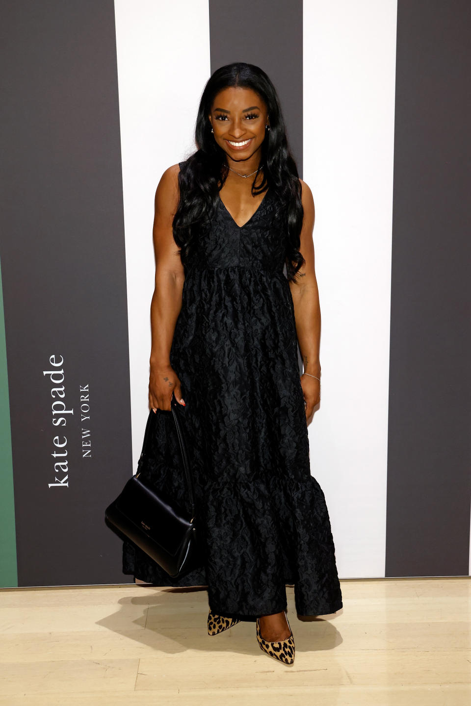 Simone Biles, Kate Spade, New York, leopard print, pumps, maxi dress, formal