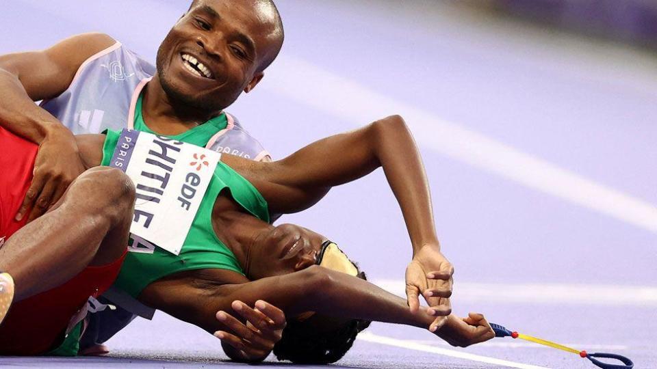 Namibia's Lahja Ishitile collapsed on the  racetrack alongside her guide Sem Shimanda after winning the Women's 400m T11 Final at the Paris Paralympic Games - Saturday 31 August 2024