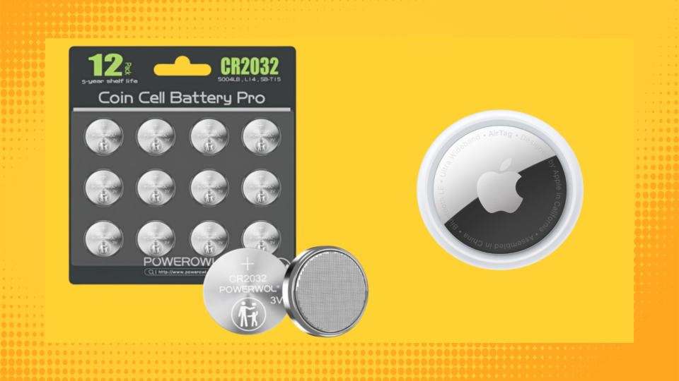 Airtag battery replacement pack and Apple AirTag over a yellow background