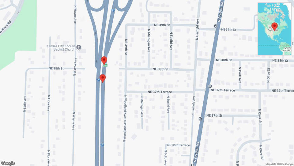 A detailed map that shows the affected road due to 'Broken down vehicle on northbound I-29/I-35 in Kansas City' on September 9th at 12:40 p.m.