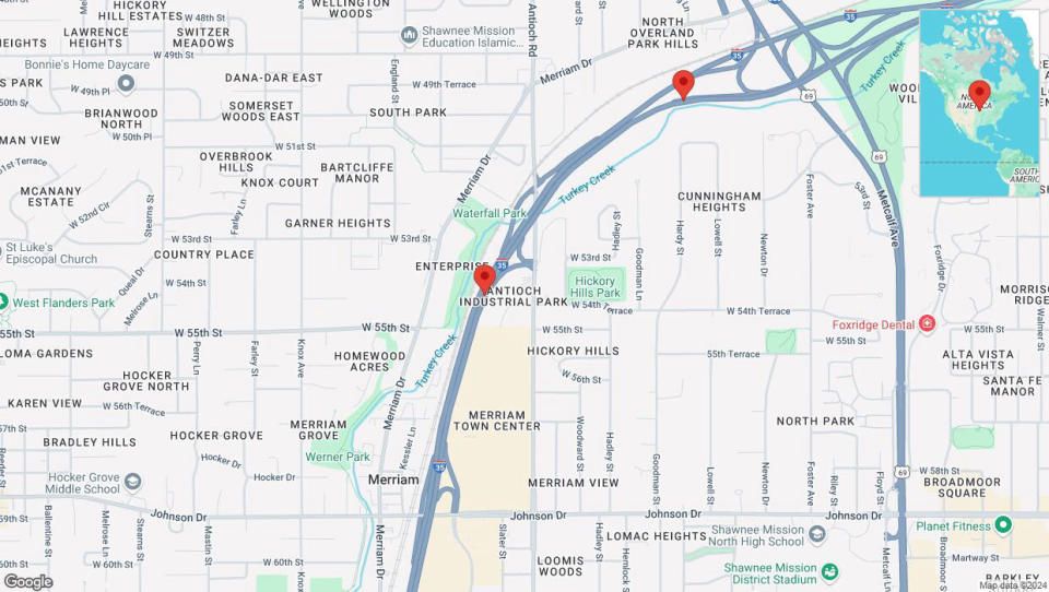 A detailed map that shows the affected road due to 'Crash reported on northbound I-35 in Merriam' on September 9th at 3:58 p.m.