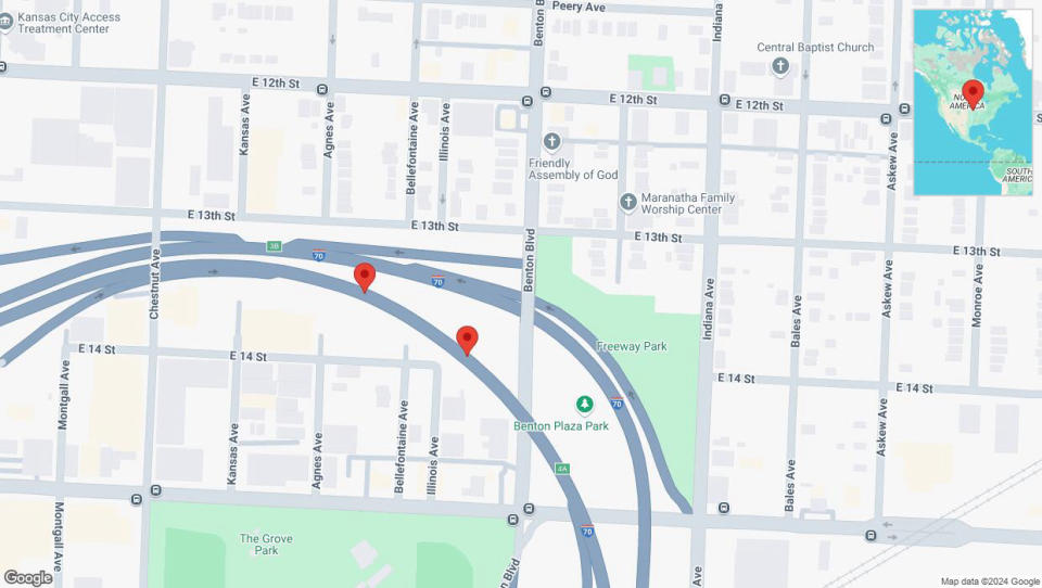 A detailed map that shows the affected road due to 'West 67th Street closed in Shawnee' on September 9th at 8:46 p.m.