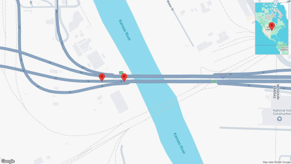 A detailed map that shows the affected road due to 'Broken down vehicle on eastbound I-670 in Kansas City' on September 9th at 5:10 p.m.