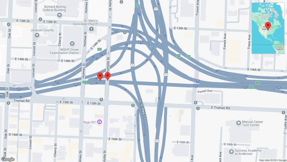 A detailed map that shows the affected road due to 'Broken down vehicle on eastbound I-670 in Kansas City' on September 9th at 2:10 p.m.