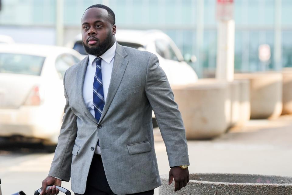 Tadarrius Bean, one of the former Memphis Police Department officers charged with the death of Tyre Nichols, walks up to the Odell Horton Federal Building on the second day of the trial in Memphis, Tenn., on Tuesday, September 10, 2024.