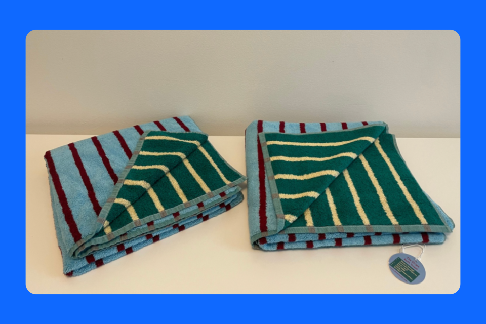 Before and after of striped towels, showing wear after washings, tested for the Best Bath Towels of 2024.