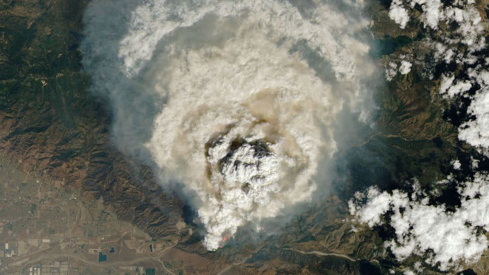 Pyrocumulus clouds form from the Line Fire in Southern California on Monday, September 9, 2024. - NASA