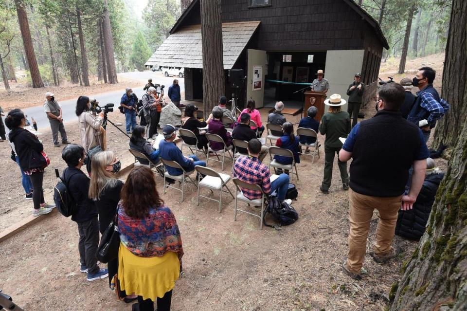 Scott Gediman, Yosemite Park public information officer, speaks during the dedication of the 1917 Chinese laundry building at Wawona, which was dedicated Friday, Oct. 1, 2021. The building, principally was used to service the Wawona Hotel, was also used in various purposes over the years and is being rededicated to tell the story of Chinese American contributions to Yosemite’s history.