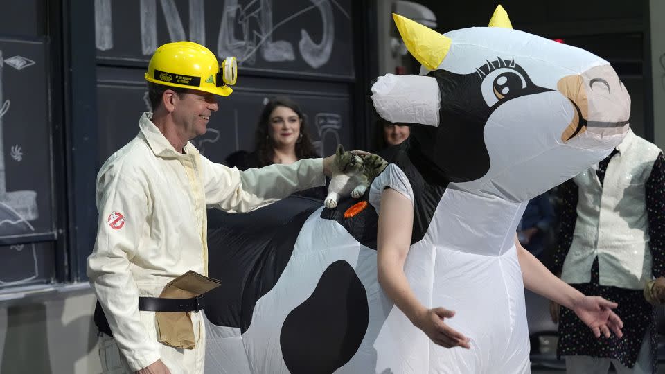 A performer illustrates an experiment that involved exploding a paper bag next to a cat that's standing on the back of a cow, to explore how and when cows spew their milk. - Steven Senne/AP