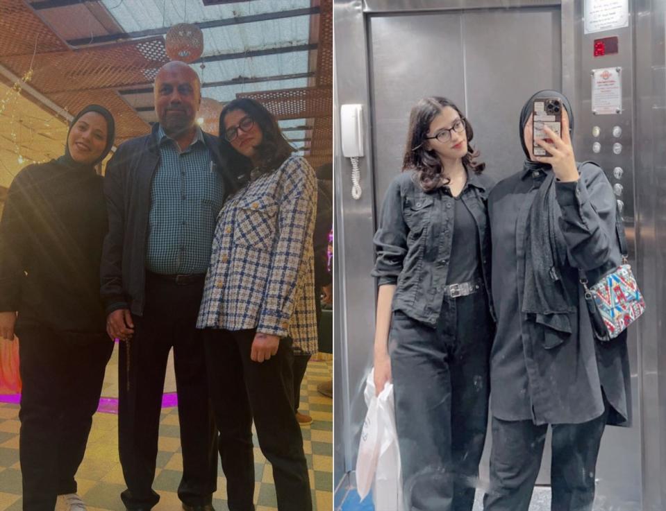 PHOTO: Sara with her sister Seham and her father (left) and with Seham (right) in Gaza before Sara’s injury. (Courtesy of Seham Besaiso)