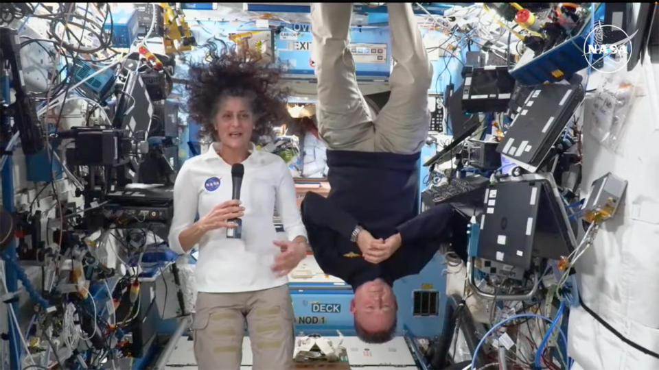 Wilmore and Williams both said they enjoy working aboard the space station, especially weightlessness. Wilmore gave an impromptu demonstration during the crew's news conference. / Credit: NASA TV