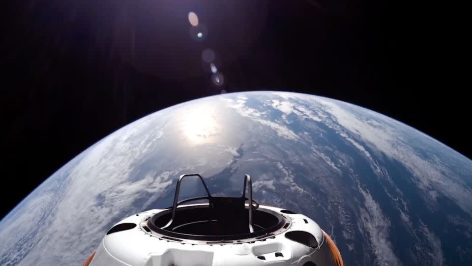 The Polaris Dawn mission's Crew Dragon capsule is seen Wednesday 870 miles (1,400 kilometers) above Earth — the farthest humans have traveled since the Apollo program over 50 years ago. - SpaceX