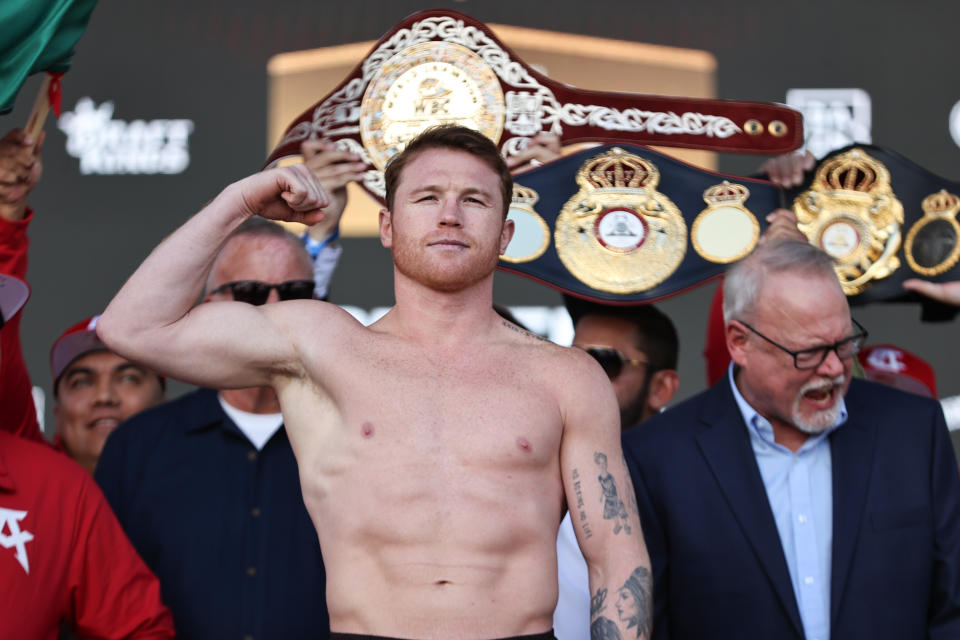 LAS VEGAS, NEVADA - SEPTEMBER 13: Boxer Saul Canelo Alvarez pose for picture during the official Weigh-in at T-Mobile Arena on September 13, 2024 in Las Vegas, Nevada. (Photo by Omar Vega/Getty Images)