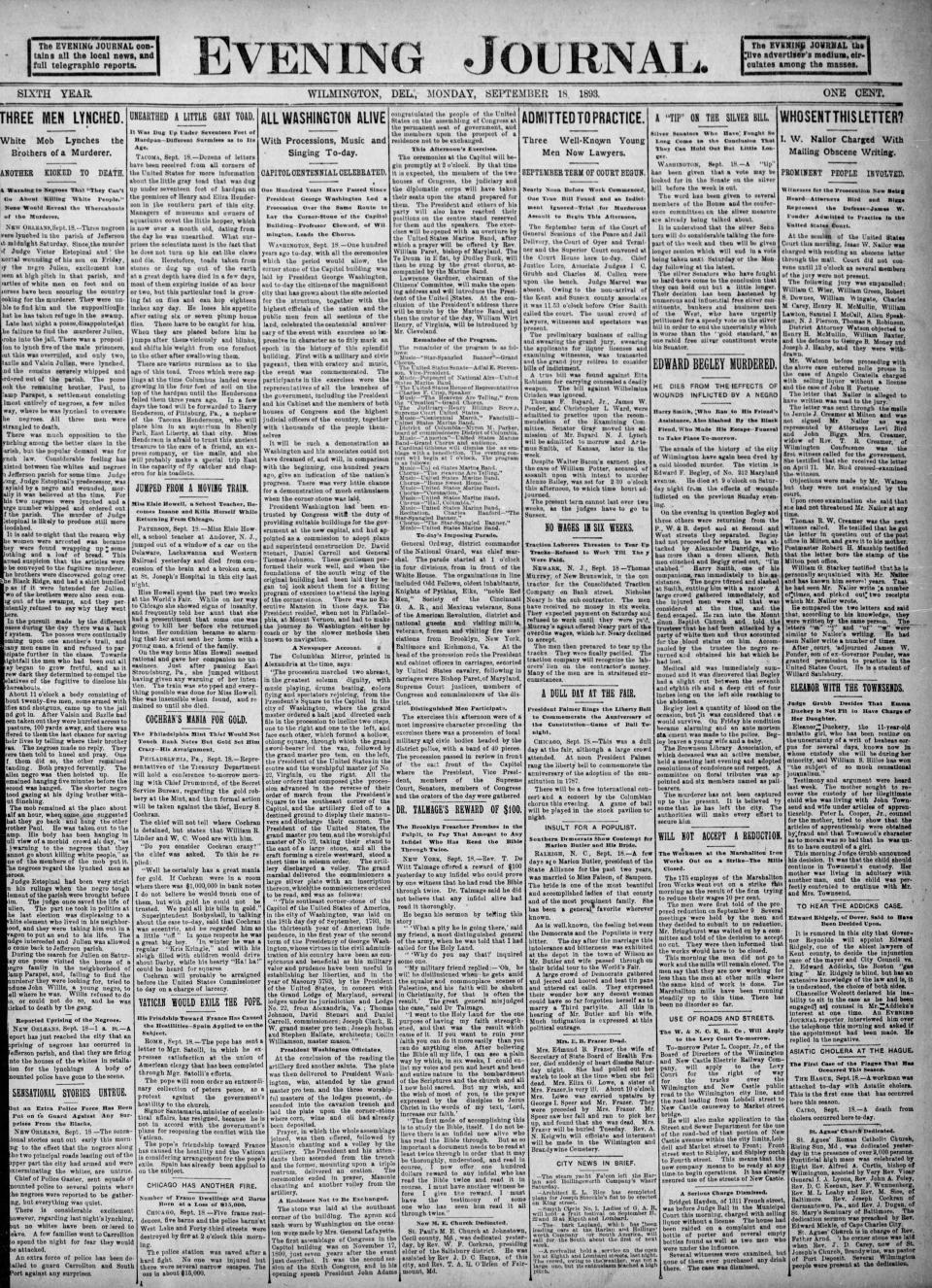 Front page of the Evening Journal from Sept. 18, 1893.