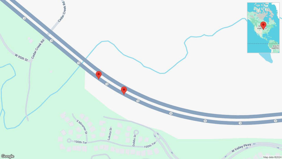 A detailed map that shows the affected road due to 'Broken down vehicle on eastbound K-10 in Lenexa' on September 14th at 3:18 p.m.