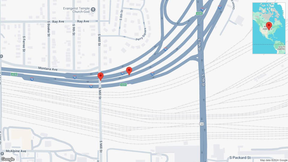 A detailed map that shows the affected road due to 'Broken down vehicle on eastbound I-670 in Kansas City' on September 14th at 2:28 p.m.