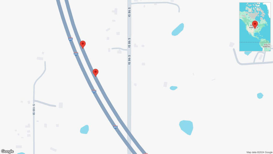 A detailed map that shows the affected road due to 'Broken down vehicle on northbound I-435 in Edwardsville' on September 14th at 3:46 p.m.