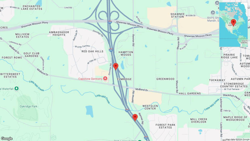 A detailed map that shows the affected road due to 'Lane on I-435 closed in Shawnee' on September 14th at 6:16 p.m.