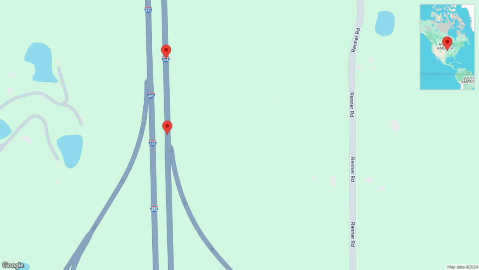 A detailed map that shows the affected road due to 'Warning in Shawnee: Crash reported on northbound I-435' on September 14th at 3:16 p.m.