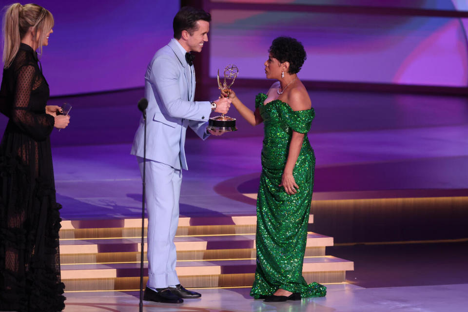 Lili Bosse, Rob McElhenney and Liza Colón-Zayas at the 76th Primetime Emmy Awards held at Peacock Theater on September 15, 2024 in Los Angeles, California.