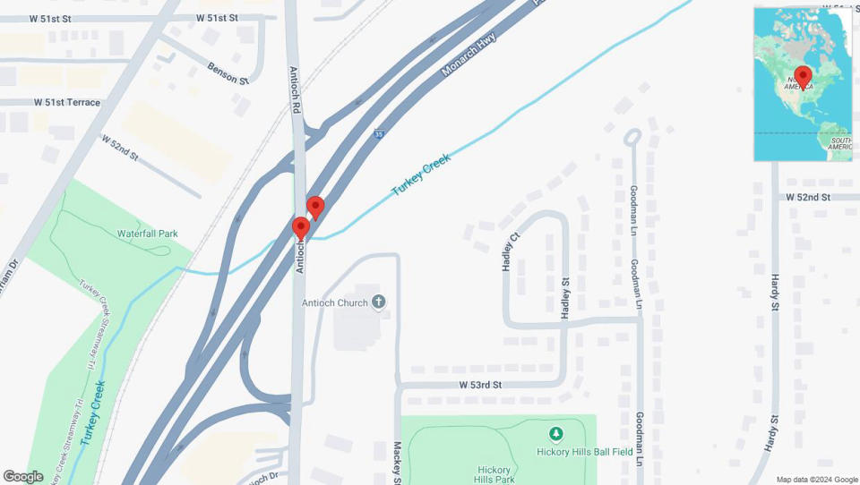 A detailed map that shows the affected road due to 'Warning: Crash on northbound I-35 in Overland Park' on September 16th at 6:19 p.m.