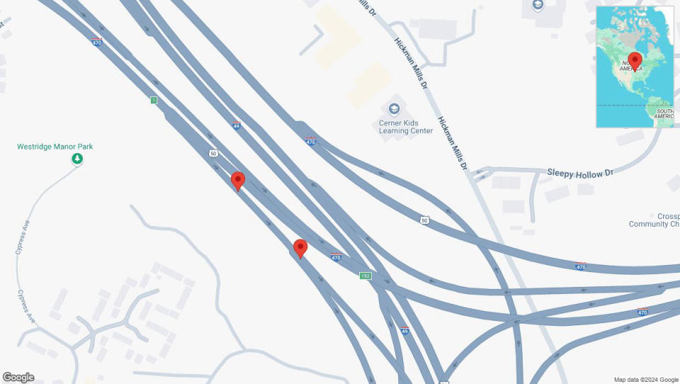 A detailed map that shows the affected road due to 'Broken down vehicle on U.S. 50 in Kansas City' on September 17th at 12:01 a.m.