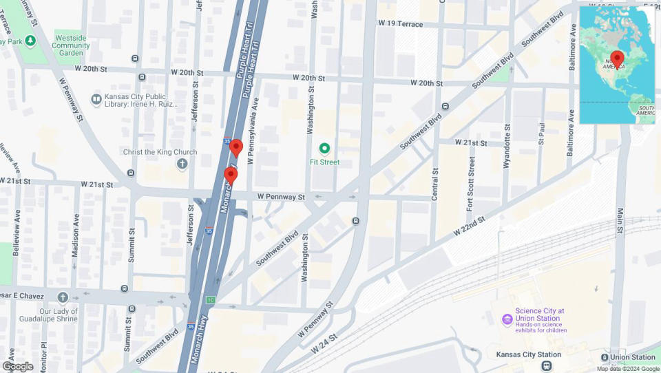 A detailed map that shows the affected road due to 'Broken down vehicle on northbound I-35 in Kansas City' on September 16th at 4:19 p.m.